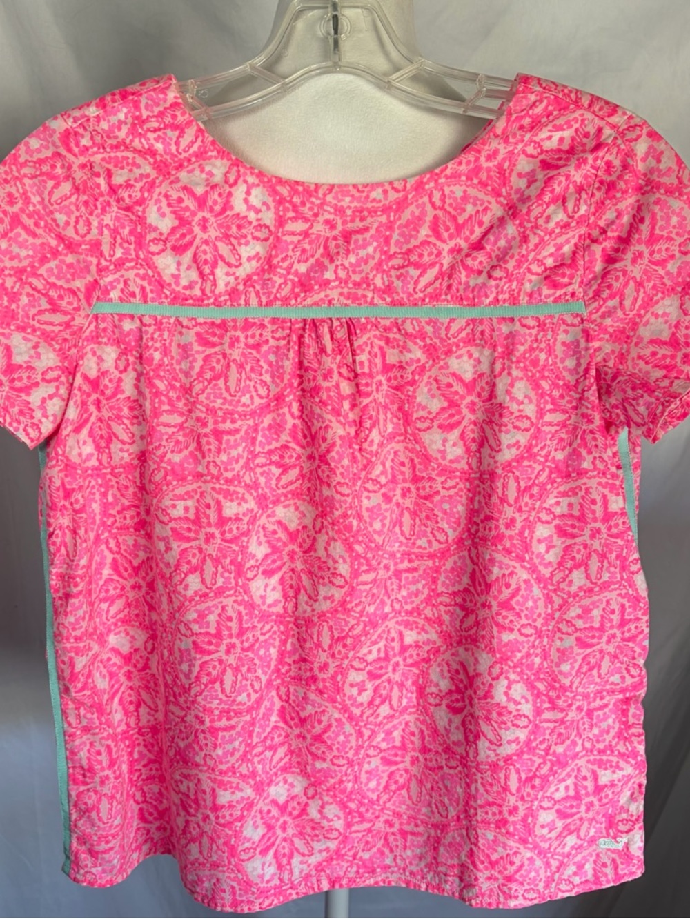 Vineyard Vines Sand Dollar Short Sleeve Top Pink/White, Gray Trim Large 14 Beach